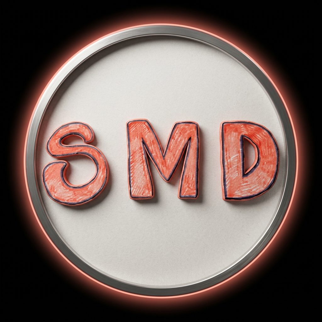 The SMD emblem: hand-drawn coral-red SMD lettering on a pale disc